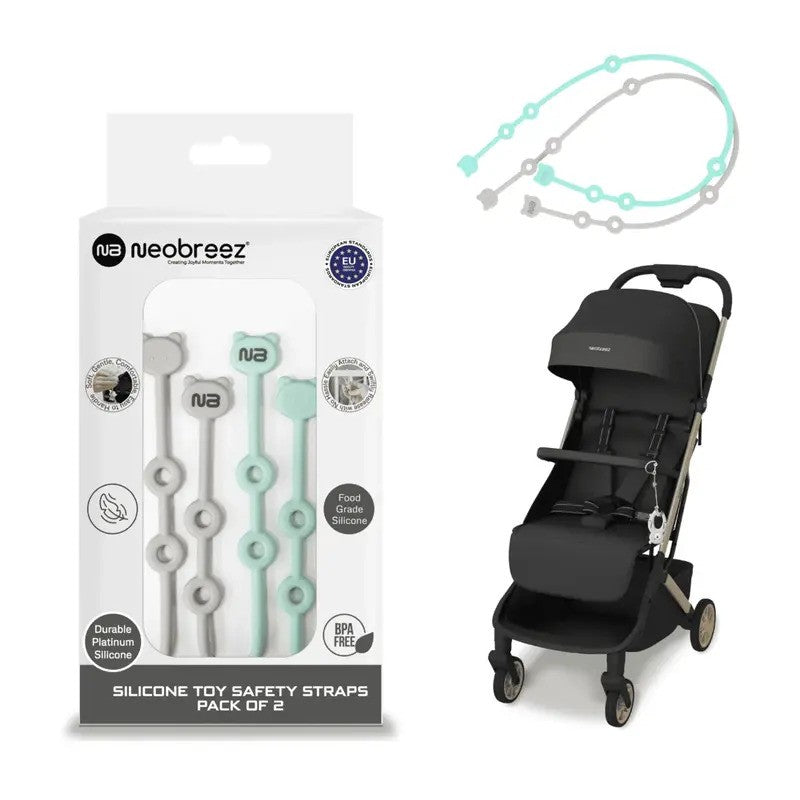 Neobreez Stroller Silicone Toy Safety Strap Pack Of 2 Gray Green