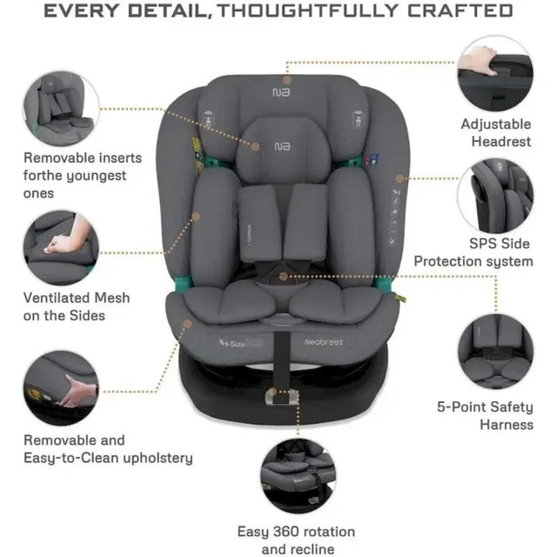 Neobreez i-GUARDIA 360 Swivel Car Seat Isofix System 0-12yrs Gray