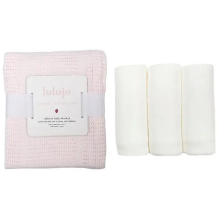 Lulujo Newborn Bundle Cellular Blanket Pink & Swaddle Blankets (3pack 120x120cm) White