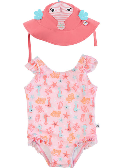 Zoocchini Ruffled Baby Swimsuit & Hat Set Sally The Seahorse