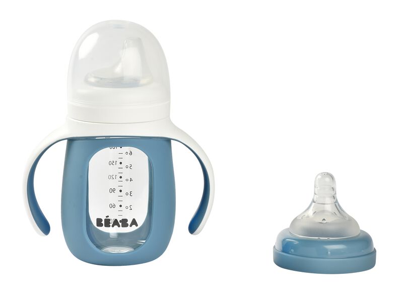 Beaba 2-in-1 Learning Bottle 210ml + Silicone Sleeve - Windy Blue