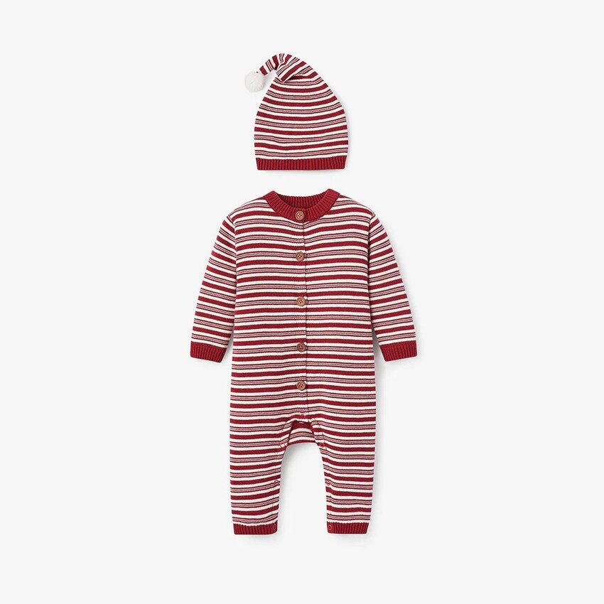 Elegant Baby Jumpsuit Santa w/ Hat Red Stripe