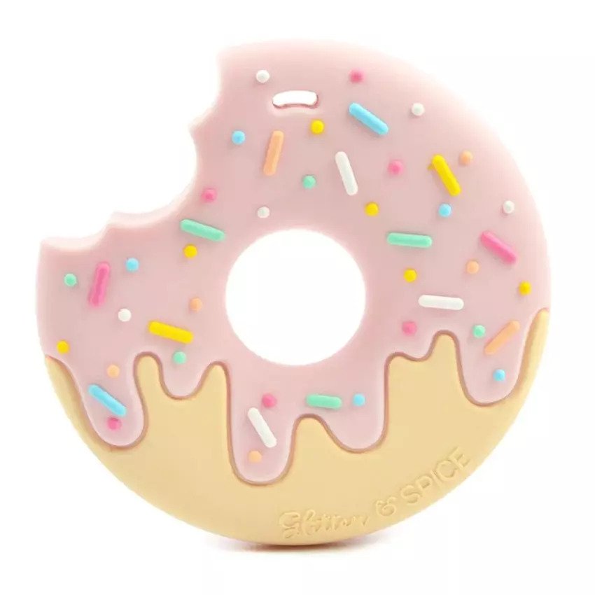 Glitter & Spice Silicone (BPA Free) Teether With Clip Strawberry Cream Donut