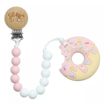 Glitter & Spice Silicone (BPA Free) Teether With Clip Strawberry Cream Donut