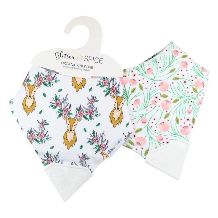 Glitter & Spice Double Sided Organic Chew Bib - Oh Deer/Tulip