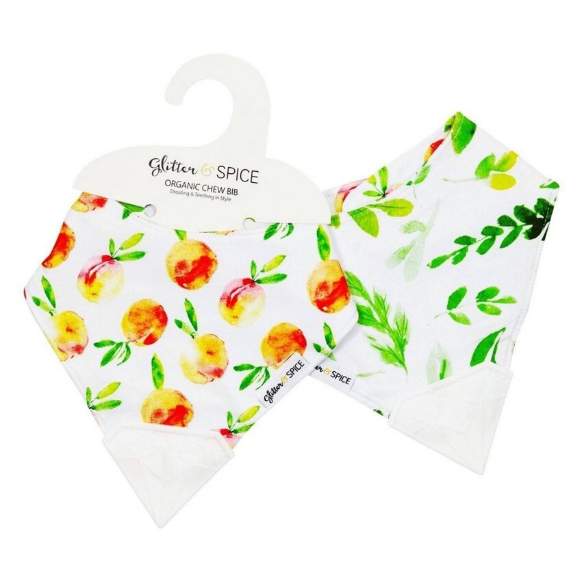 Glitter & Spice Double Sided Organic Chew Bib - Peaches/Foliage